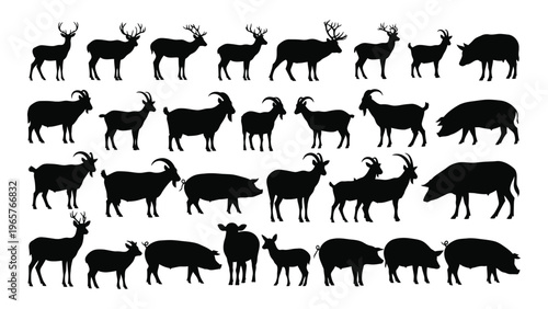 A collection of various animal silhouettes including deer goats pigs and sheep presented in a stark graphic style silhouette