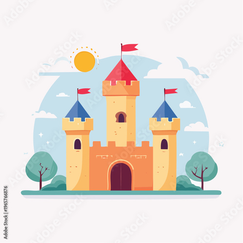 Fairytale castle with flags and sunny sky, illustration