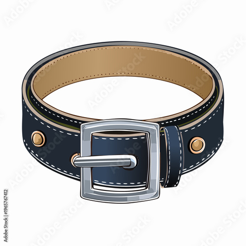 Classic dark blue leather belt with silver buckle, detailed stitching and eyelets