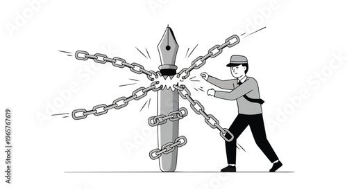 A man in a flat 2D illustration breaks free chains from a pen on World Press Freedom Day, symbolizing concept of liberation.
