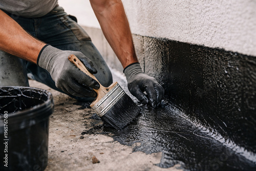 Worker applying black liquid bitumen waterproofing membrane on house foundation