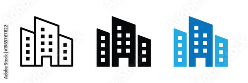 Office building icon set representing business corporate company and commercial real estate, headquarters enterprise organization urban architecture vector illustration