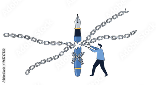 A man pulls chains wrapped around a pen and a World Press Freedom Day concept in a flat 2D illustration with a white background.
