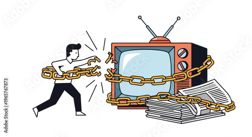 A man in a white shirt and black pants breaks free from chains wrapped around a vintage television and newspapers on a flat 2D background, symbolizing freedom from media control.