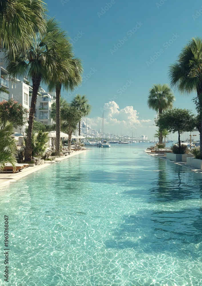 Fototapeta premium Turquoise pool leads to ocean harbor, framed by palm trees and white buildings against a clear blue sky