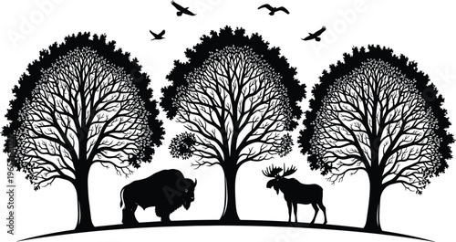 Black and white silhouette vector illustration of a majestic bison and moose standing under dense leafy trees with flying birds in a wilderness landscape.