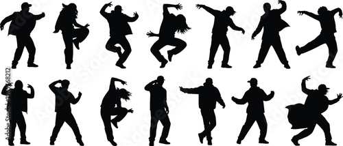 Collection of dancing people silhouettes in dynamic poses, men and women performing energetic moves, hip hop and freestyle dance, urban lifestyle isolated on white background