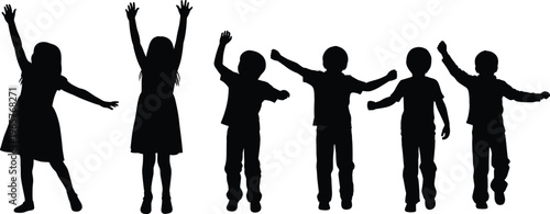 Children silhouettes jumping with raised hands, boys and girls celebrating together, joyful playful activity, childhood happiness concept, energetic kids isolated on white background
