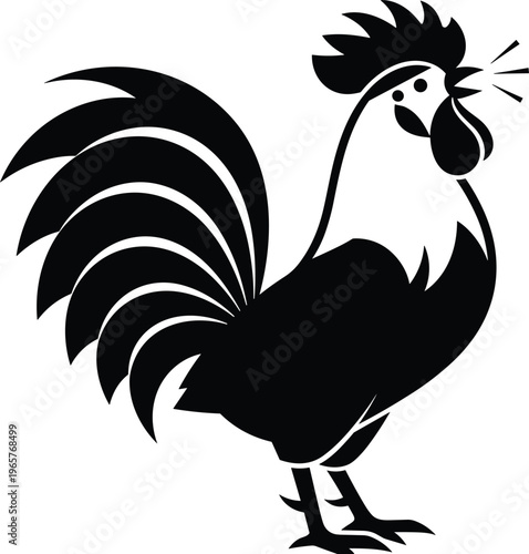 Black and white vector illustration of a crowing rooster silhouette with open beak and stylized feathers isolated on white for morning farm logo design. (24 words)