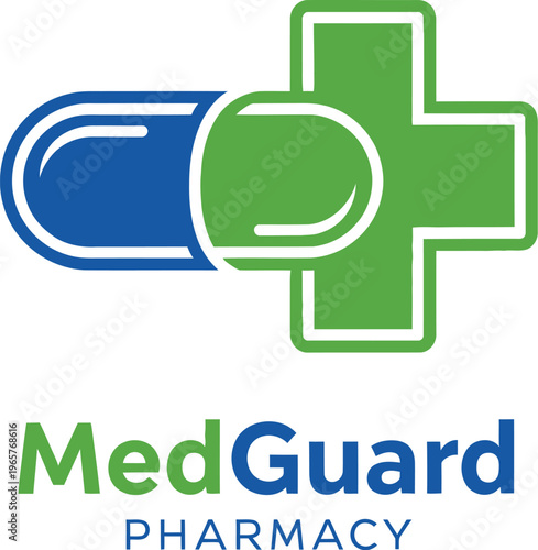A logo for MedGuard Pharmacy featuring a green cross and blue capsule on a white background