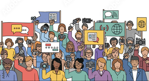 A diverse crowd of people holding signs and cameras in a flat, 2D illustration, conveying a sense of freedom and protest against a clean white background with a mix of colorful signs and symbols.