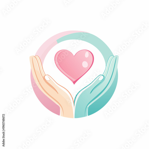 Symbolic illustration of caring hands protecting a vibrant pink heart within a circular emblem, representing love, support, and compassion