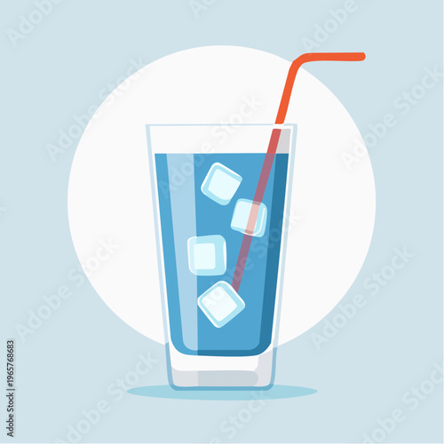 Refreshing blue drink with ice cubes and a straw in a tall glass