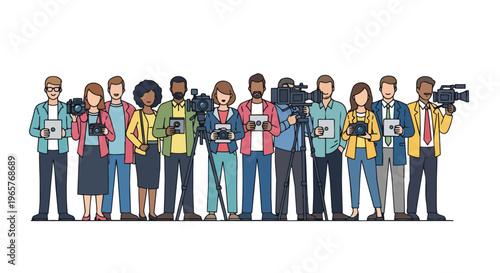 Flat 2D illustration of a diverse group of journalists and photographers standing together for World Press Freedom Day against a clean white background with a colorful and lively mood.