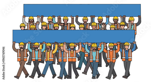 A powerful flat 2d concept illustration depicting numerous workers in a unified protest, holding large blue banners to symbolize strong labor union solidarity and collective action