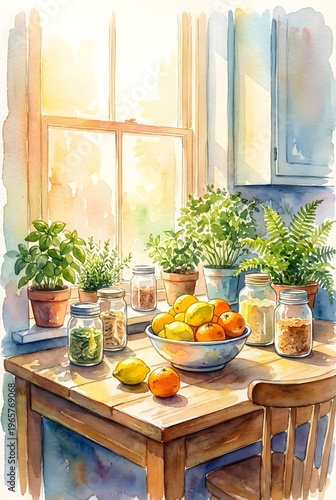 Sunlit kitchen scene with a wooden table surrounded by potted plants, including herbs and ferns.