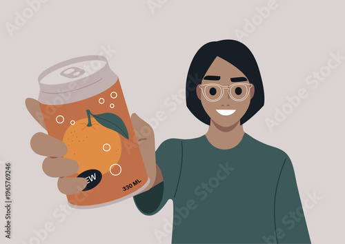 A cheerful character holds out a can of soda featuring a bright fruit design, The atmosphere is lively, hinting at a fun beverage experience waiting to be enjoyed.