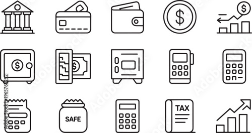A detailed arrangement of thin line icons illustrating various financial instruments, including safes, calculators, bank structures, and income reports for economic representation.