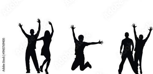 Group of people silhouettes celebrating and jumping with raised hands, joyful friends dancing together, energetic party and happiness concept isolated on white background