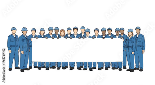 Flat 2D illustration of construction workers holding a large blank banner, symbolizing labor union protest and collective concept