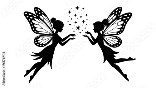 Two fairies with wings embracing and releasing magical sparkles in mid-air