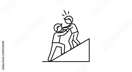 Two People Helping Each Other Climb Slope Teamwork Outline Icon on Light Grey Background