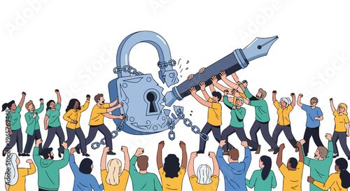 Flat 2D illustration of diverse people protesting with a broken padlock and pen in a colorful, symbolic scene representing freedom of media and expression.