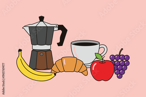 A flat illustration featuring a moka pot with coffee alongside fresh fruit and a buttery croissant Vector