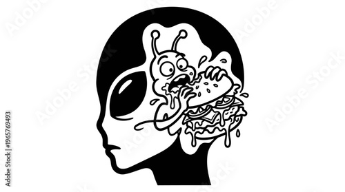 Minimalist Alien Head with Cartoon Eating Burger Line Art, Monochrome Vector Illustration of Sci-Fi Fast Food Humor