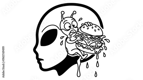 Minimalist Alien Head with Cartoon Eating Burger Line Art, Monochrome Vector Illustration of Sci-Fi Fast Food Humor