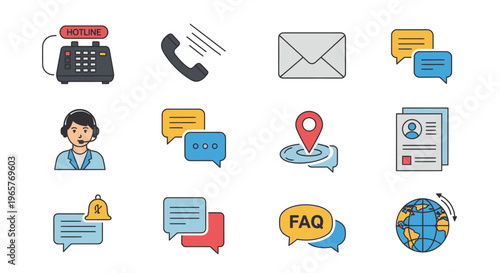 Comprehensive Customer Support and Communication Icons Set, in bright studio