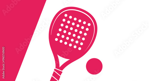 Stylized pink padel tennis racket and ball icon, dynamic sports equipment design, isolated white background.