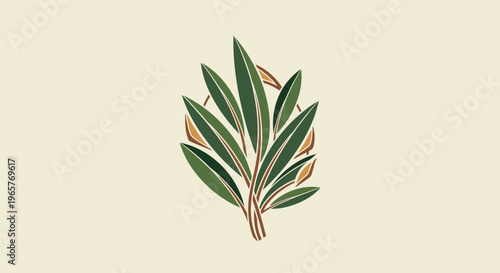 Beautiful stylized botanical branch with green leaves and delicate details, natural foliage illustration on a light background.