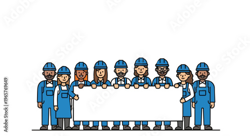 Diverse group of workers holding a protest banner, representing labor union and solidarity, flat 2d concept illustration