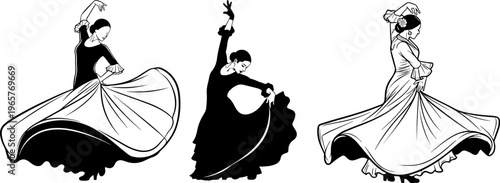 Three black and white line of women dancing flamenco in flowing dresses flamenco dancer