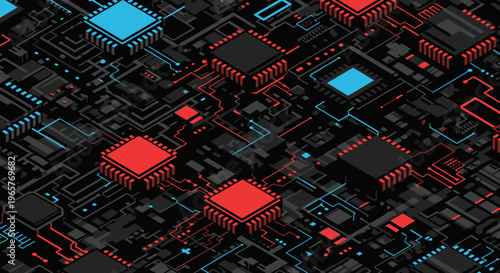 Abstract dark circuit board pattern with red and blue integrated circuits, futuristic technology background.