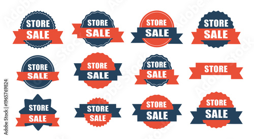 Repeated Red and Blue Store Sale Badges and Ribbons, isolated white background