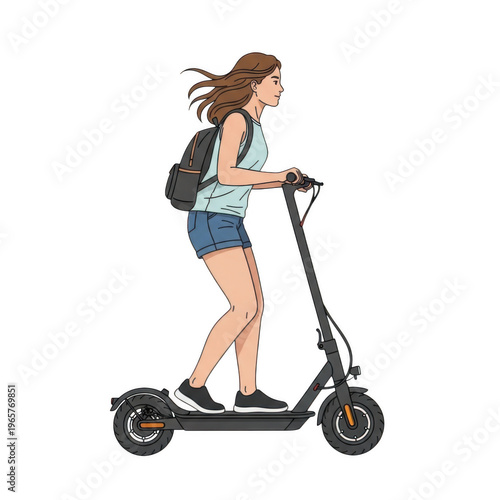 A young female student with a backpack riding an electric kick scooter in a casual summer outfit