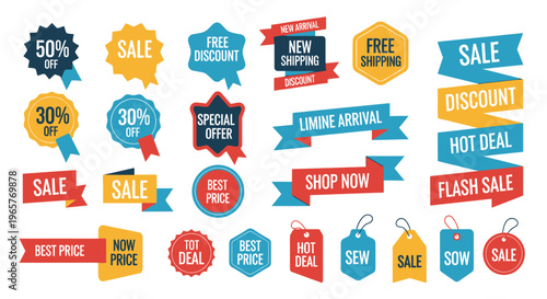 Set of Colorful Sale and Discount Badges with Offers like Free Shipping and New Arrival, isolated white background