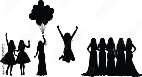 Black silhouette of happy women celebrating together with balloons jumping for joy and posing in elegant dresses isolated on a white background for party