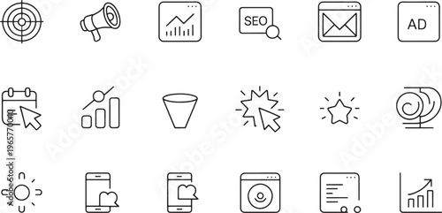 Assortment of thin line marketing and analytics icons displaying business goals, digital communication, and performance tracking on a white background.