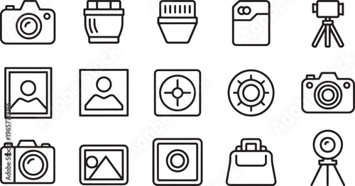 A comprehensive array of thin line icons details photographic equipment such as various camera bodies, interchangeable lenses, optical filters, and essential accessories for image capture.