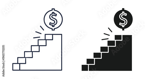 Minimalist financial growth icon set, staircase leading to dollar coin vector, business success and wealth accumulation concept graphics