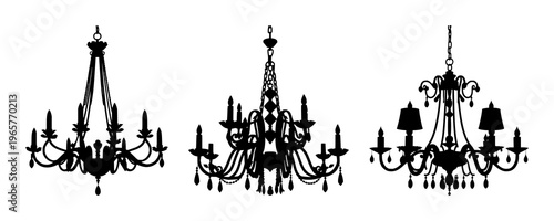 Chandelier set with black silhouette on white background design featuring lighting, decor, interior with elegance and sophistication