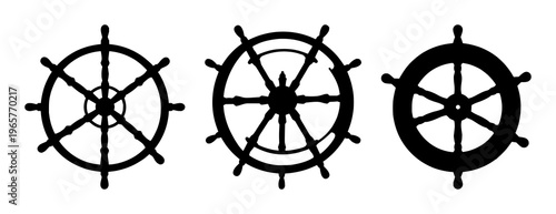 Black silhouette, white background: ship wheel set with simple line art design featuring simple design, minimalist, black and white with illustrations and graphics
