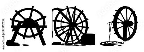 Water wheel set with black silhouette on white background featuring water wheel, hydropower, mechanical device with industrial and decorative