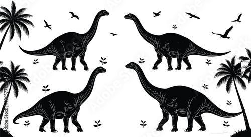 Black Silhouette of Four Long Neck Brachiosaurus Dinosaurs with Palm Trees and Flying Pterodactyls in a Prehistoric Jungle Landscape Isolated on White Background