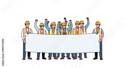 Flat 2d concept of workers protesting with a banner, depicting labor union demonstration for rights and demands