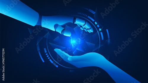 Digital twin technology background a robotic arm mirrored with a human hand, representing simulation, human-AI collaboration, smart automation, precision control, and advanced industrial innovation.