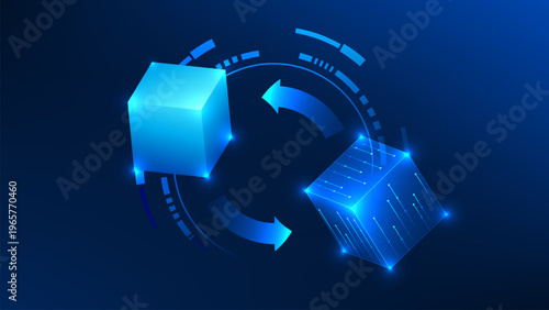 Digital twin technology background duplicated square boxes with one in a digital form, representing virtual simulation, real-time data modeling, system replication, and advanced digital transformation